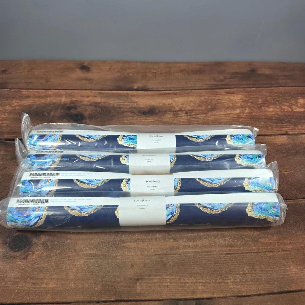 Spoonflower Peel and Stick Wallpaper 12ft Navy Gold New 4 Rolls Abstract Oysters